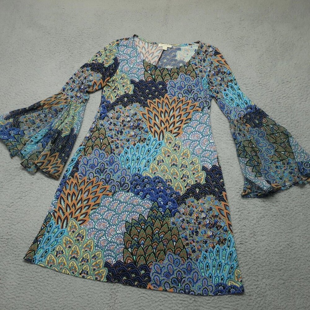 Prelude Mini Dress Womens M Multicolor Peacock Print Bell Sleeve Boho Scoop Neck